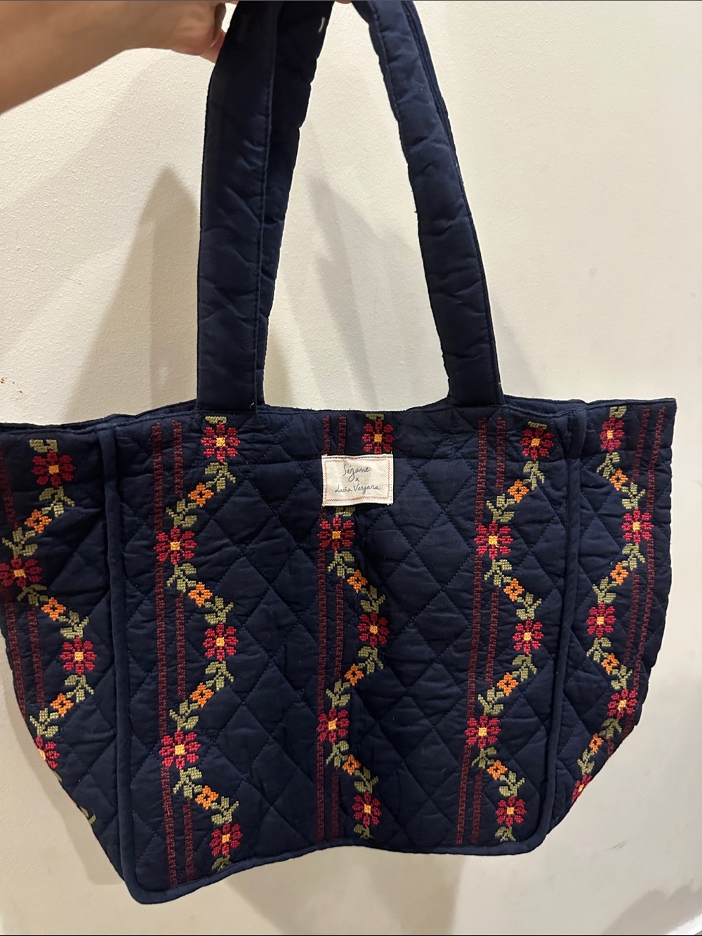 Sezane Embroidered Quilted Navy Tote Bag